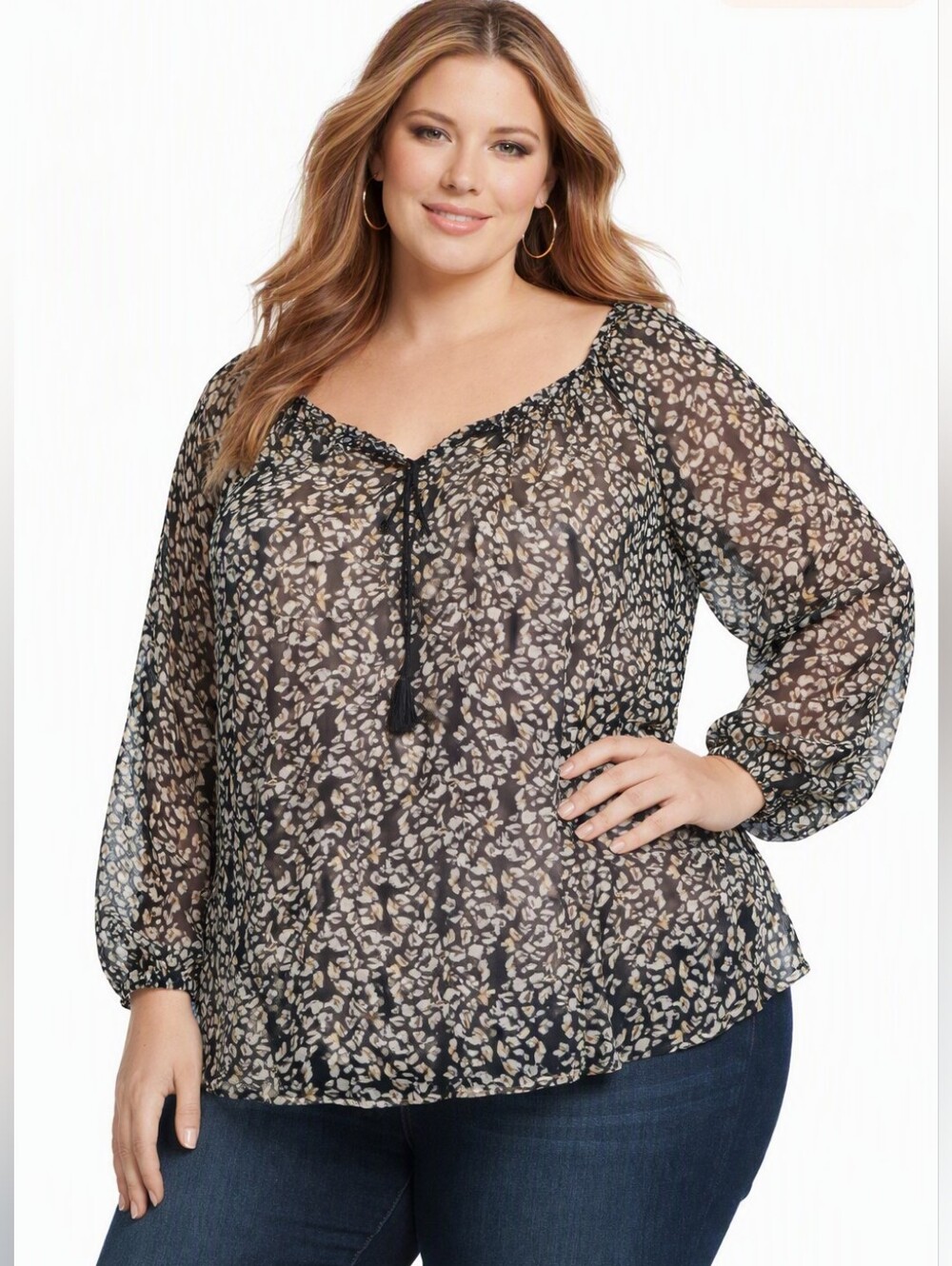 Jessica Simpson Black Sheer Floral Peasant Blouse